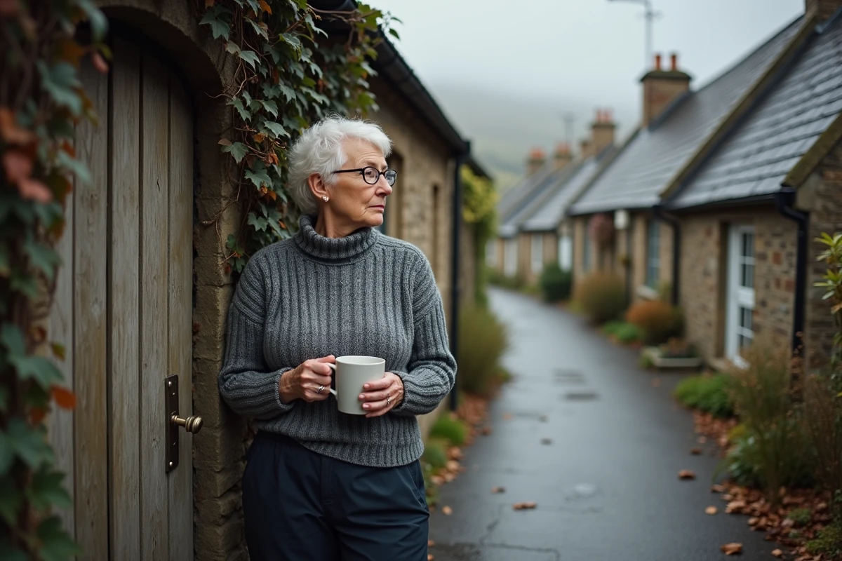 Femme devant une petite maison de pêcheur bretonne en automne, tenant une tasse, représentant la vie à l'année dans un village côtier