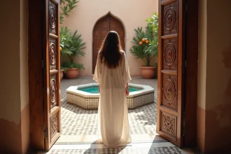 Jeune femme marocaine en kaftan devant un riad à Marrakech