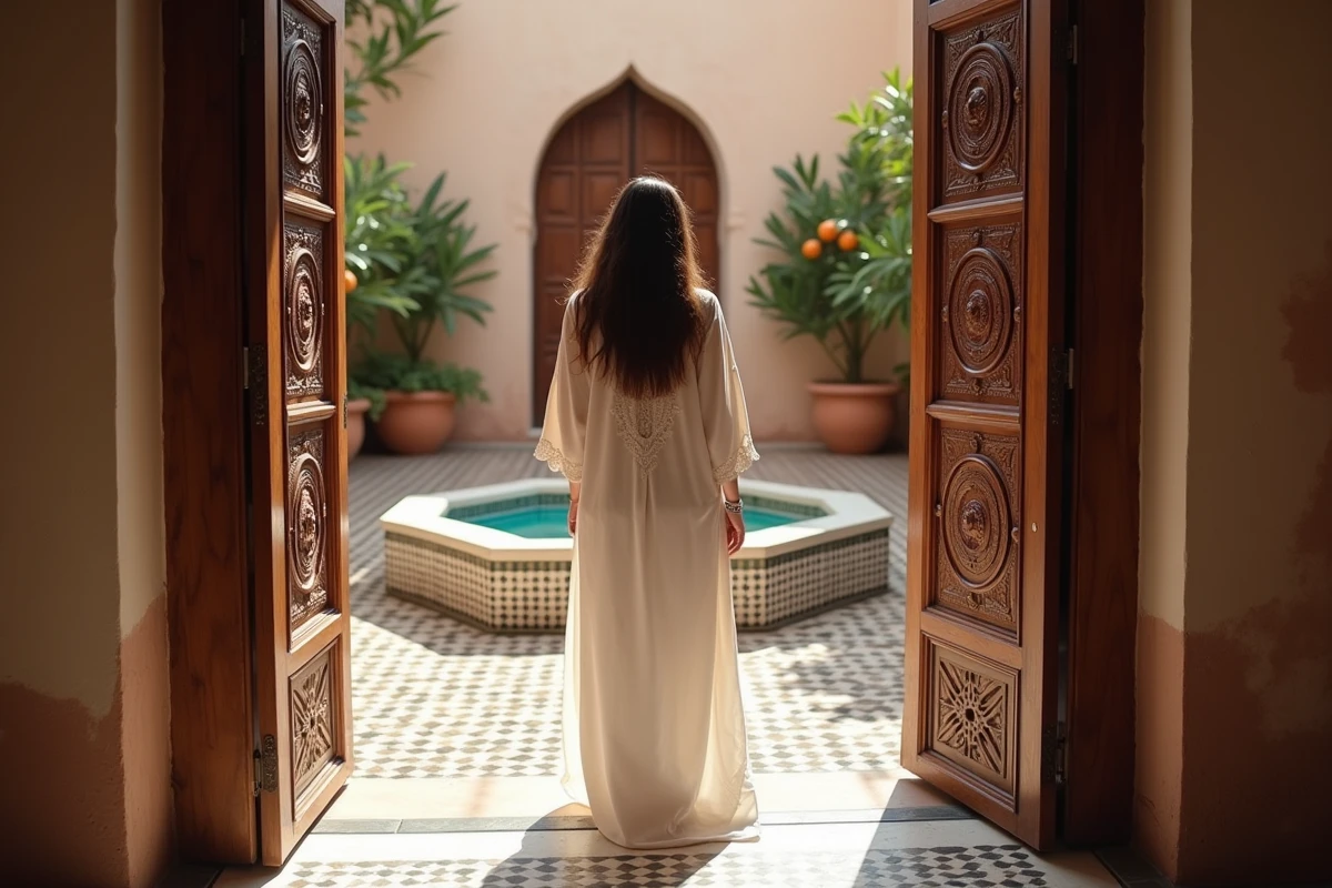 Jeune femme marocaine en kaftan devant un riad à Marrakech