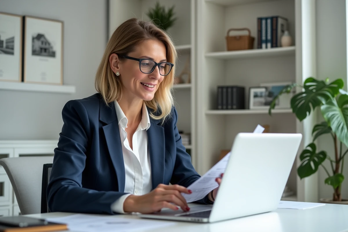Femme professionnelle analysant des annonces immobilières sur une plateforme en ligne pour préparer une négociation de prix