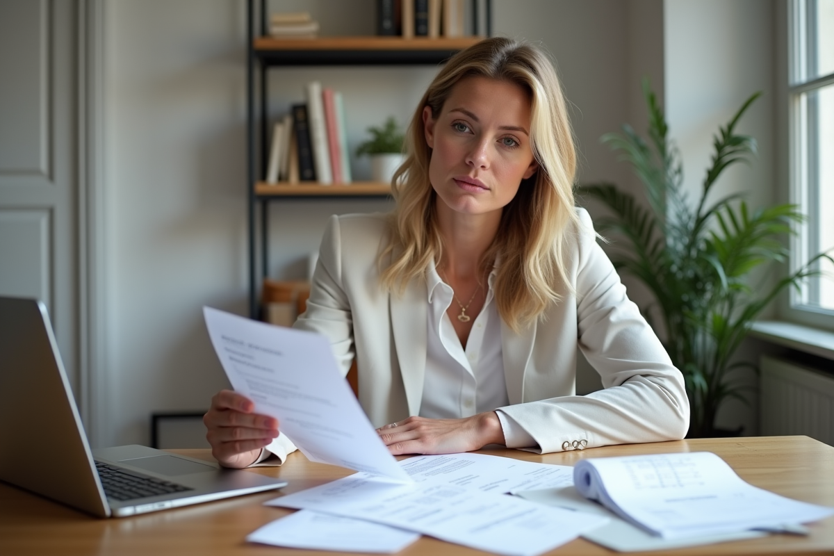 Femme professionnelle examinant des papiers fiscaux dans un appartement moderne