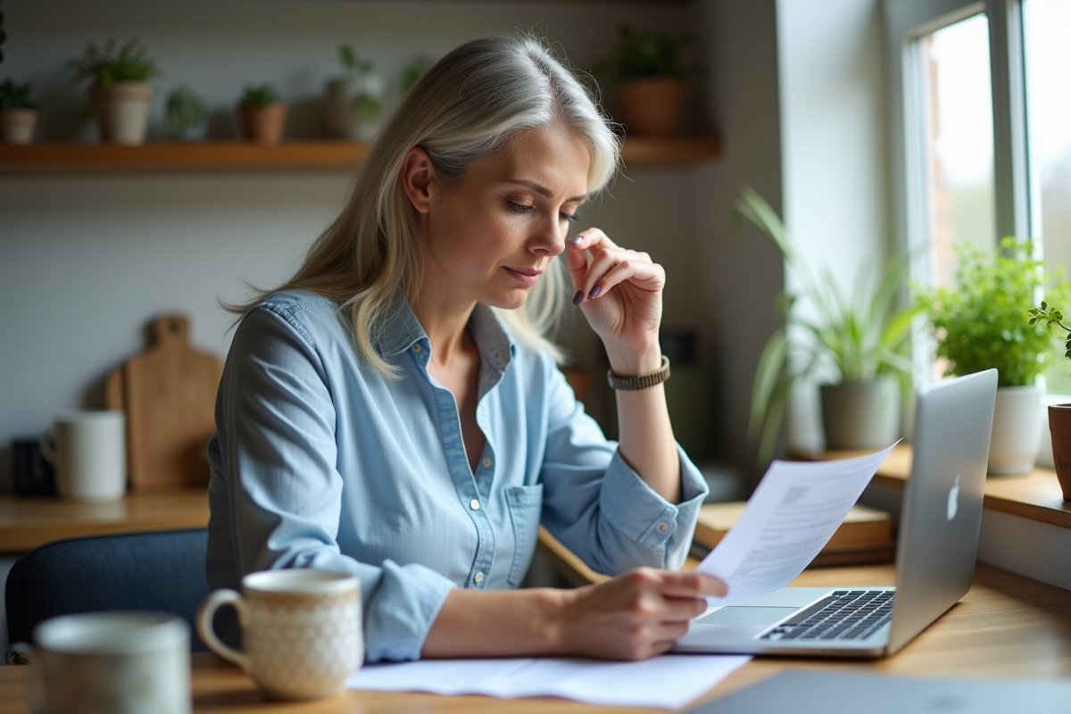 Femme réfléchissant à ses papiers dans la cuisine