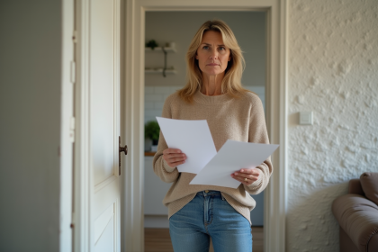 Femme d'âge moyen tenant des papiers dans un appartement français