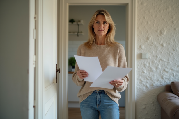 Femme d'âge moyen tenant des papiers dans un appartement français