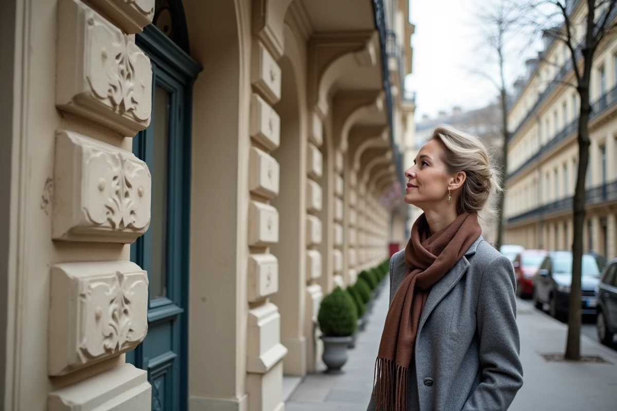 Femme élégante admirant une façade haussmannienne à Paris