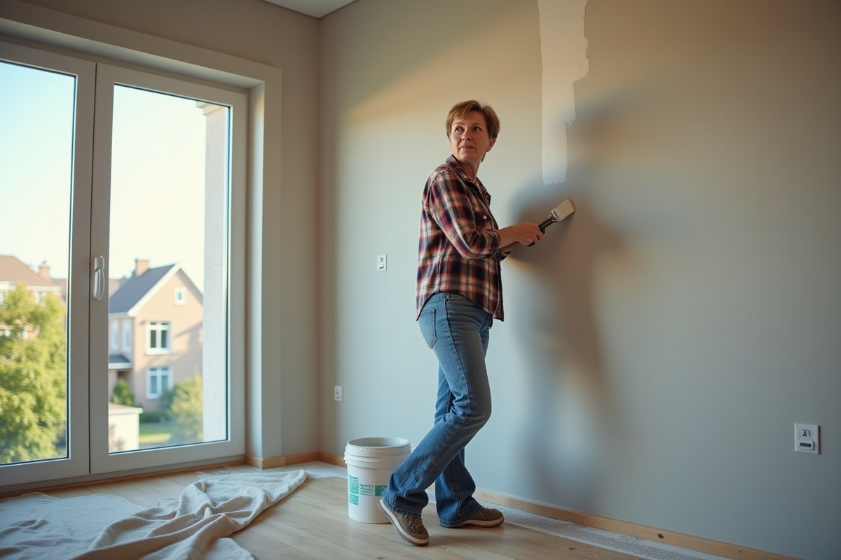 Femme appliquant de la peinture sur un mur en rénovation