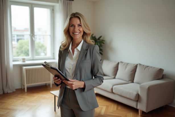 Femme professionnelle souriante dans un appartement moderne