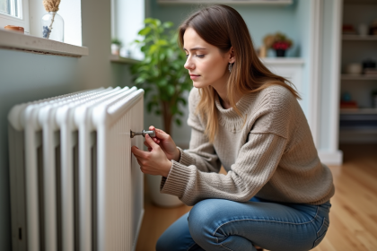Jeune femme en jeans et pull près d'un radiateur blanc