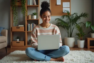 Femme assise sur un tapis dans un appartement partagé en recherchant des annonces