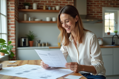 Femme souriante regardant plans de renovation maison
