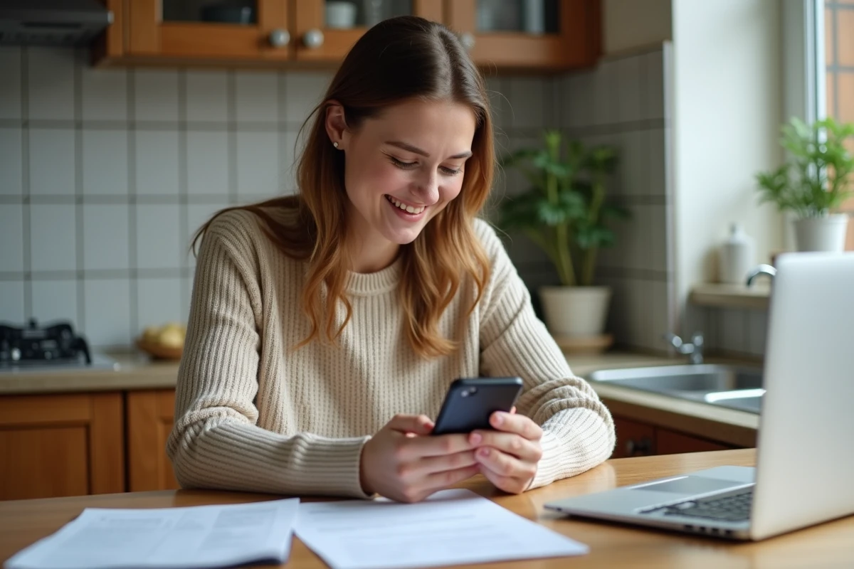 Jeune femme recevant un email de confirmation à la maison