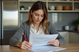 Femme en blouse examine un avis de location dans une cuisine moderne