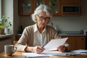 Femme âgée relisant un document dans sa cuisine lumineuse