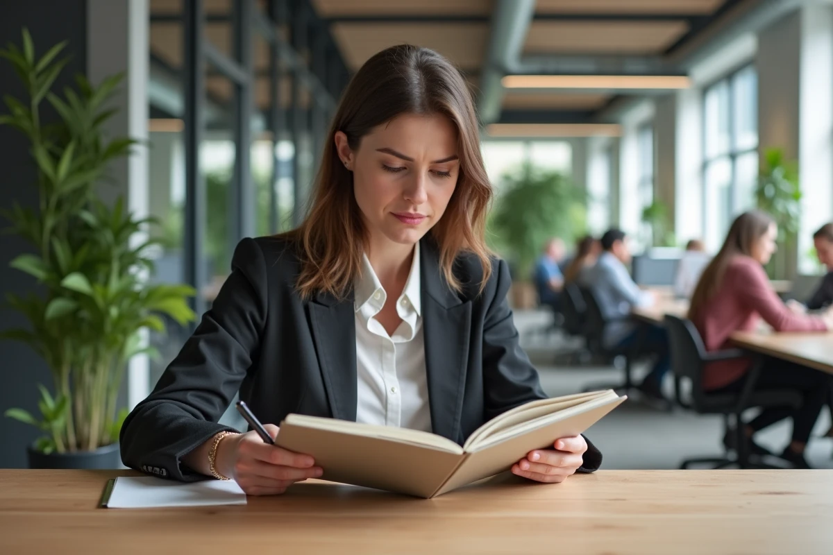 Femme comparant dossiers fiscaux dans un espace de coworking