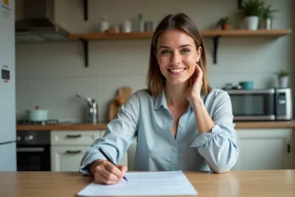 Femme signant un contrat de location dans une cuisine lumineuse