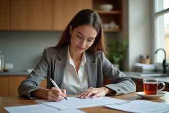 Femme signant un avis d'appartement dans une cuisine moderne