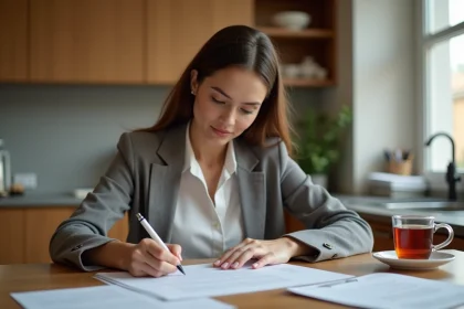 Femme signant un avis d'appartement dans une cuisine moderne