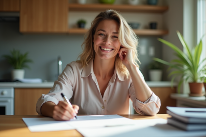 Femme signant un document de hypotheque dans une cuisine lumineuse