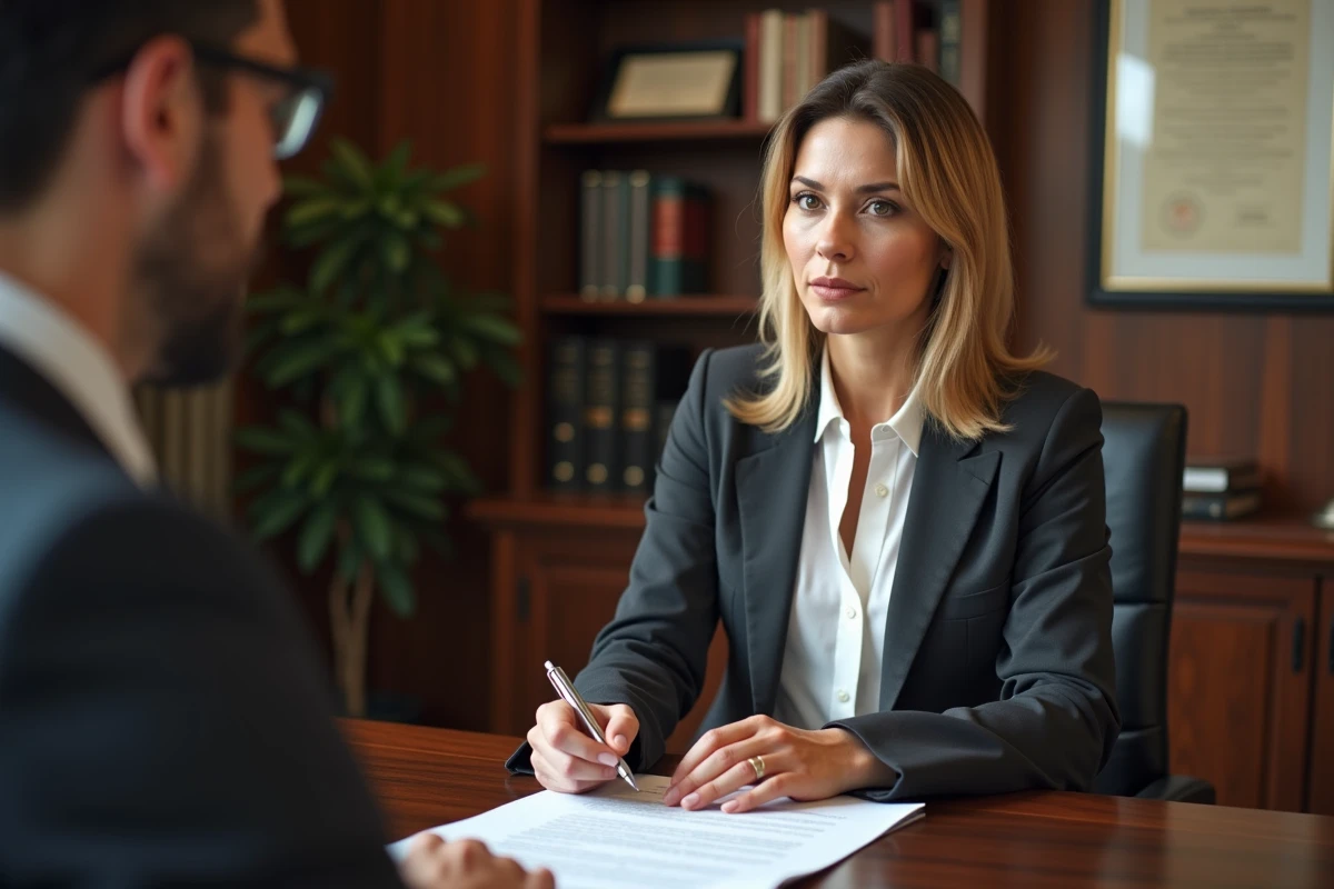 Femme signant un accord de sortie d'indivision immobilière chez un notaire dans un bureau juridique