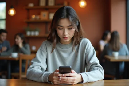 Jeune femme consultant un site web sur son smartphone dans un café urbain