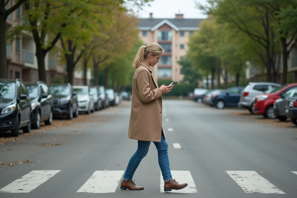 Femme utilisant son smartphone dans parking résidentiel calme