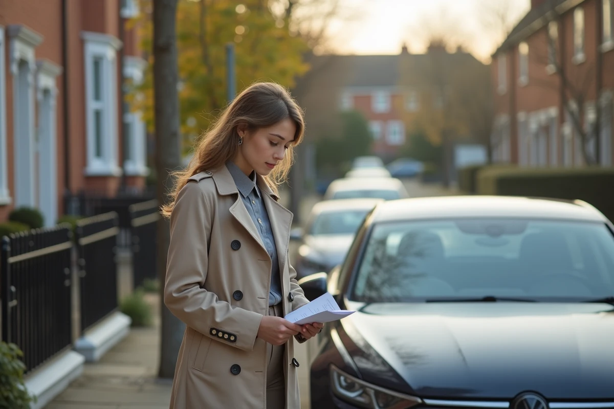 Jeune femme examine documents sur une rue résidentielle