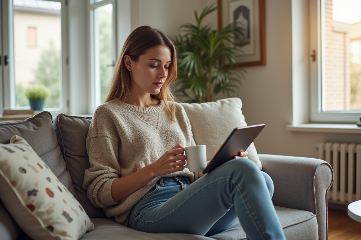 Jeune femme détendue utilise une tablette dans un salon lumineux