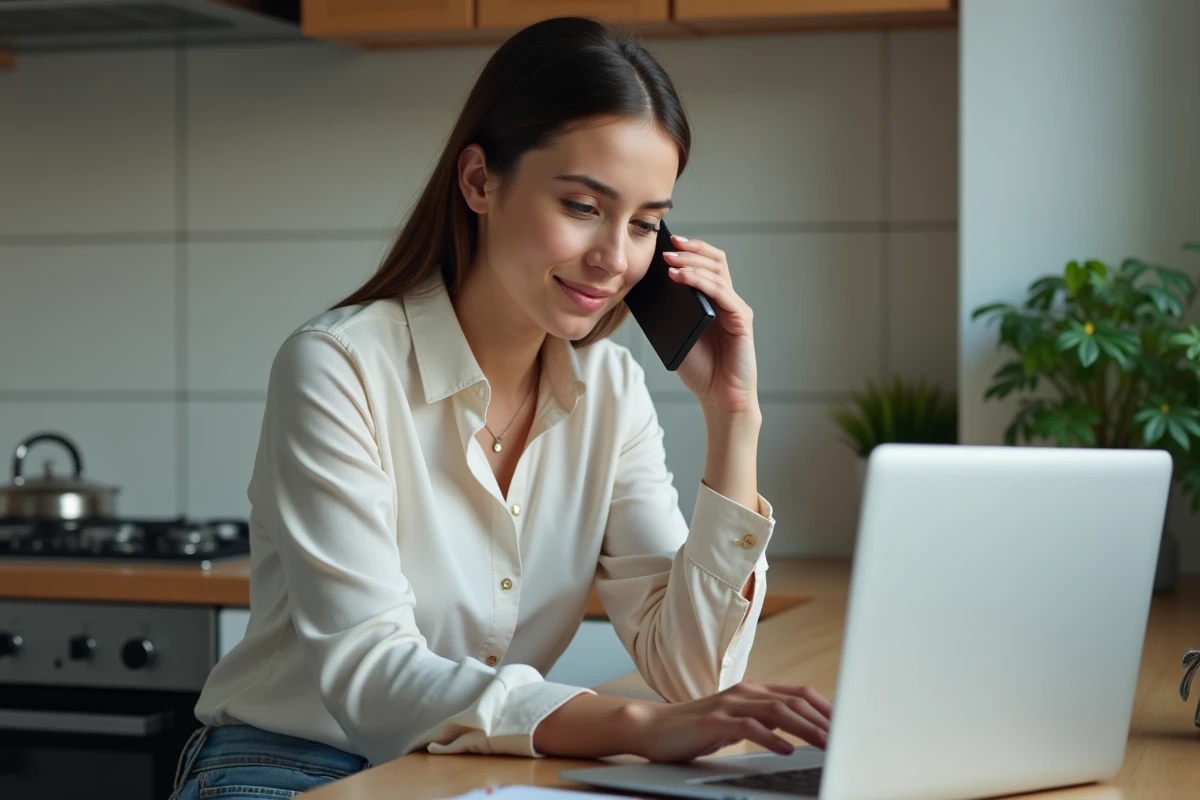 Jeune femme parlant au téléphone dans une cuisine urbaine