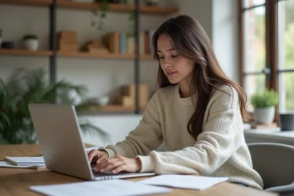 Jeune femme concentrée travaillant sur son ordinateur dans un bureau moderne