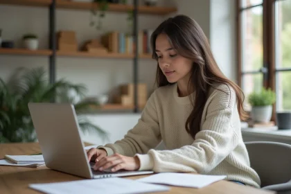 Jeune femme concentrée travaillant sur son ordinateur dans un bureau moderne