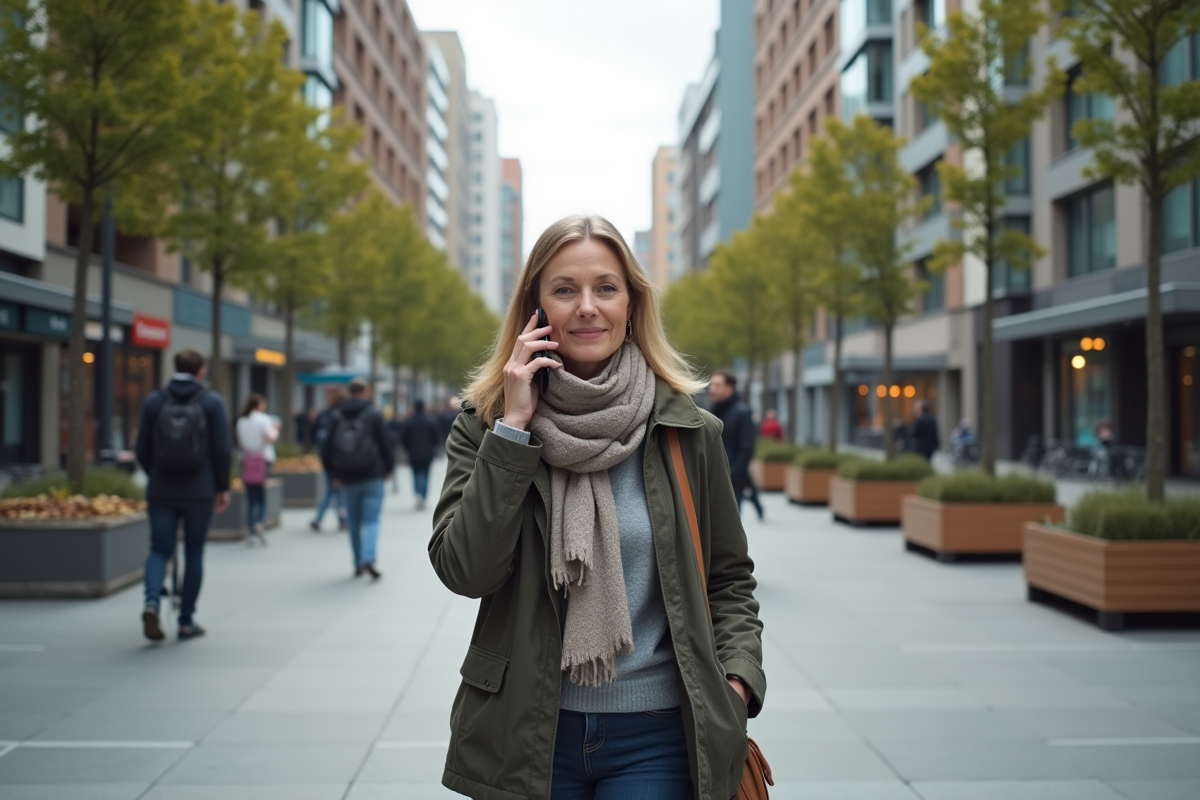Femme urbaine parlant au téléphone dans une place animée