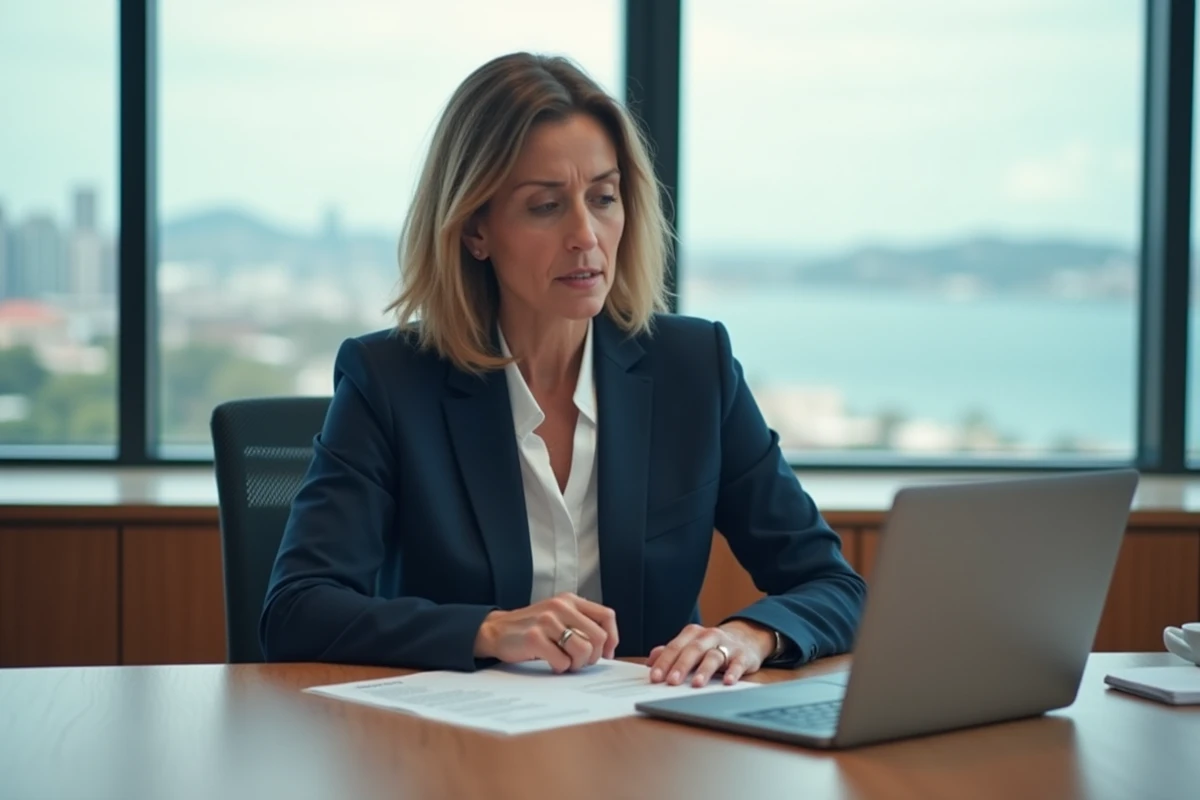 Femme consultant des documents de financement immobilier pour l'achat d'un appartement vue mer
