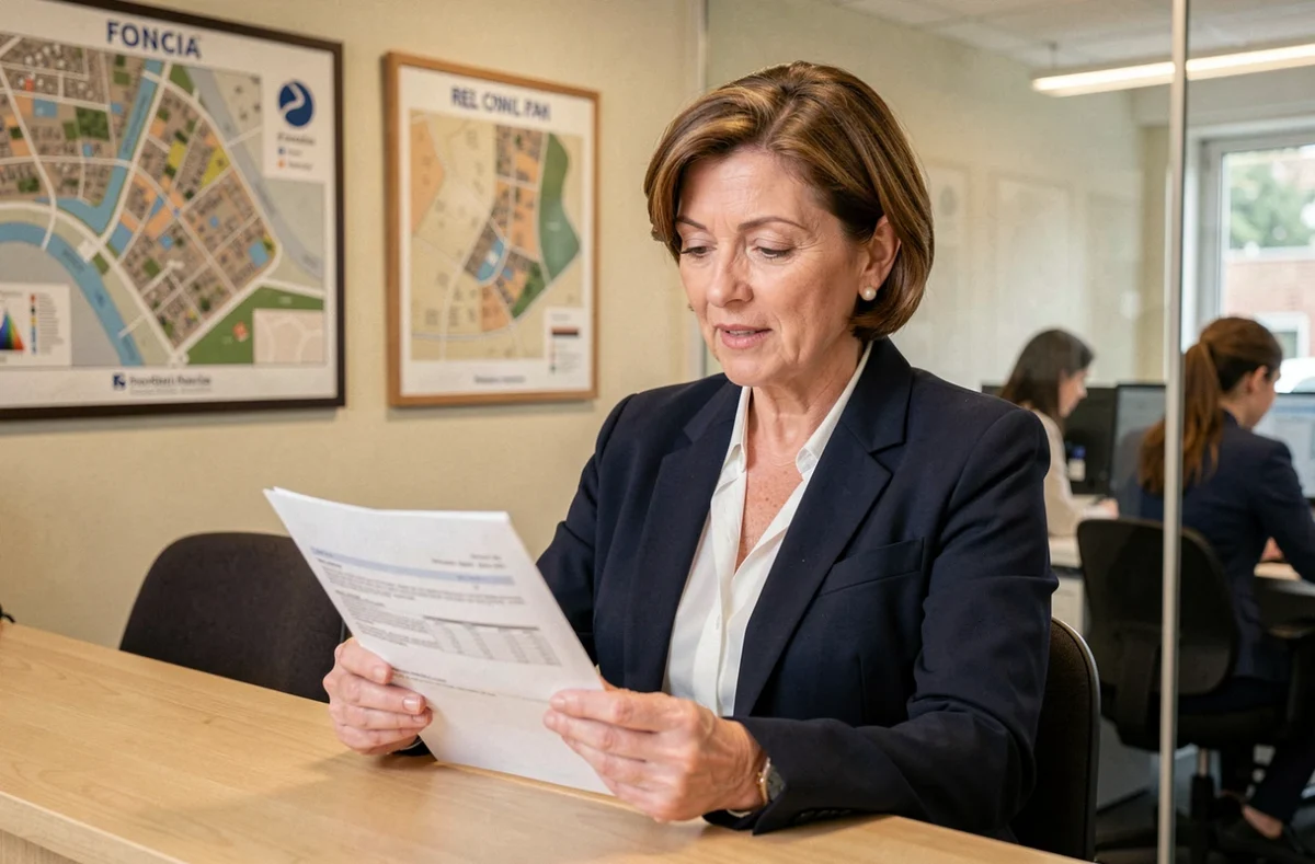 Agence Foncia à Pau, gestionnaire de copropriété à son bureau dans l'agence immobilière avec documents de gestion en main