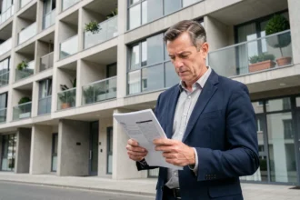 Gestionnaire immobilier consultant des documents d'assurance multirisque devant un immeuble résidentiel moderne