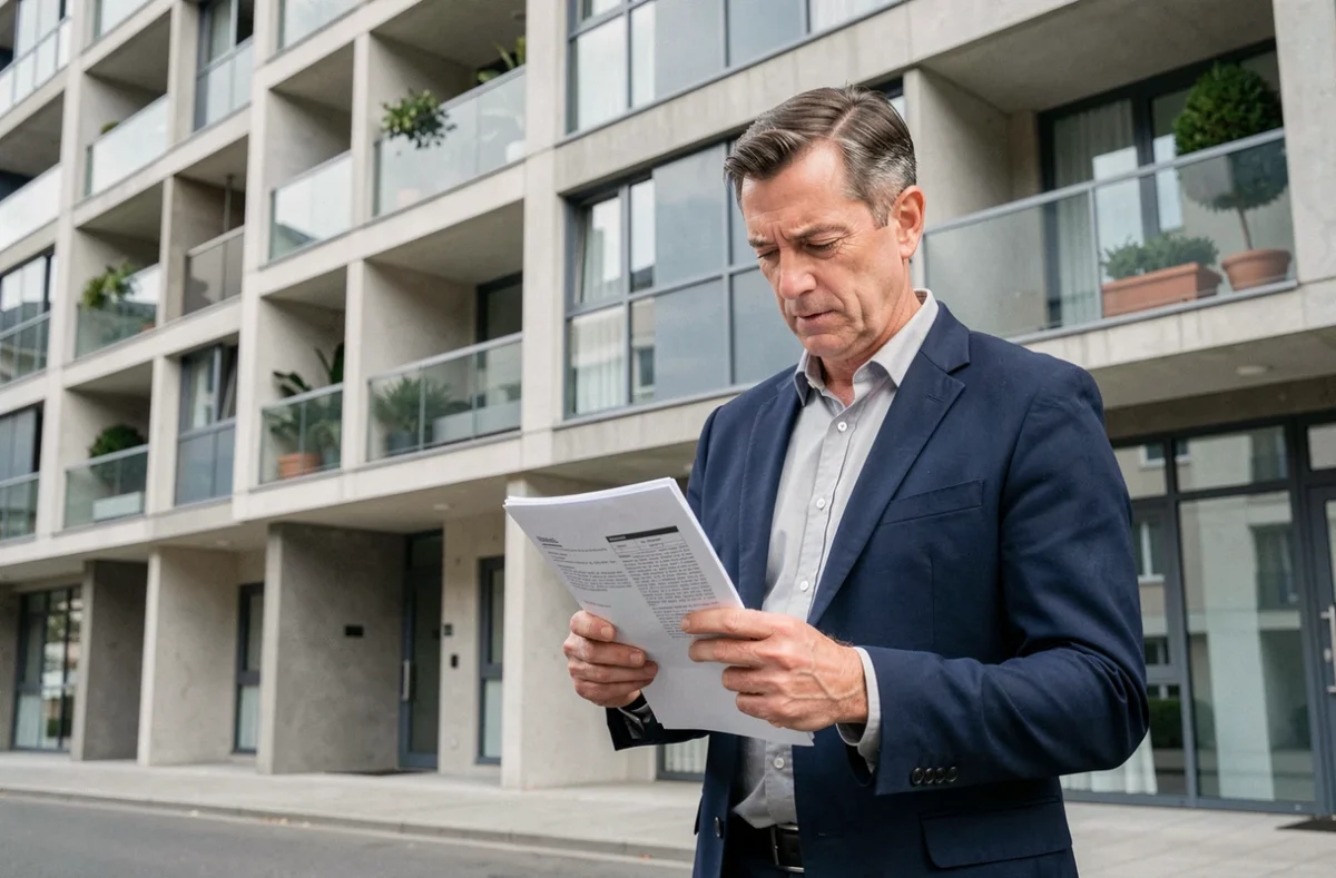 Gestionnaire immobilier consultant des documents d'assurance multirisque devant un immeuble résidentiel moderne
