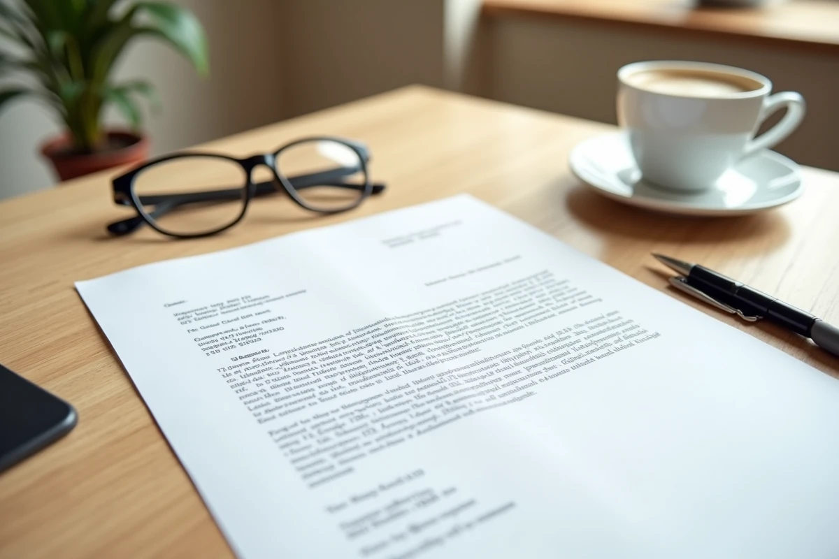 Gros plan sur une lettre administrative officielle avec adresse d'expéditeur posée sur une table, accompagnée de lunettes de lecture et d'un stylo