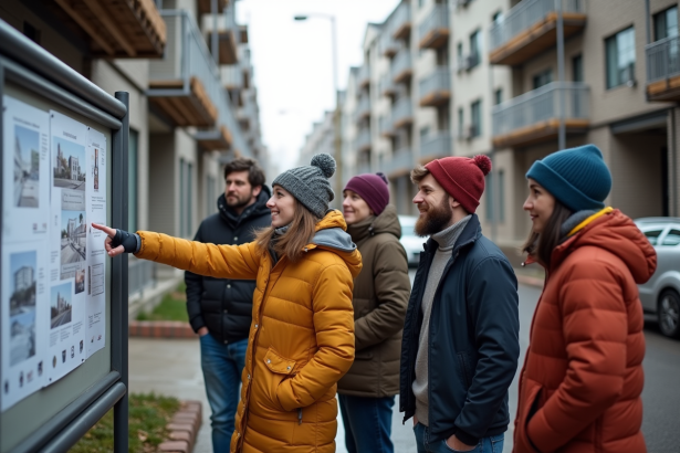 Groupe de personnes discutant devant un panneau de rénovation urbaine