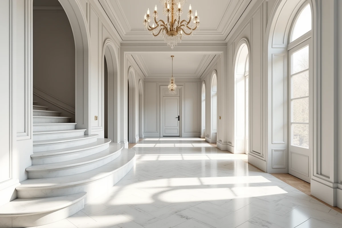 Hall d'entrée de villa de luxe avec escalier en marbre photographié pour une visite virtuelle immobilière 360 degrés