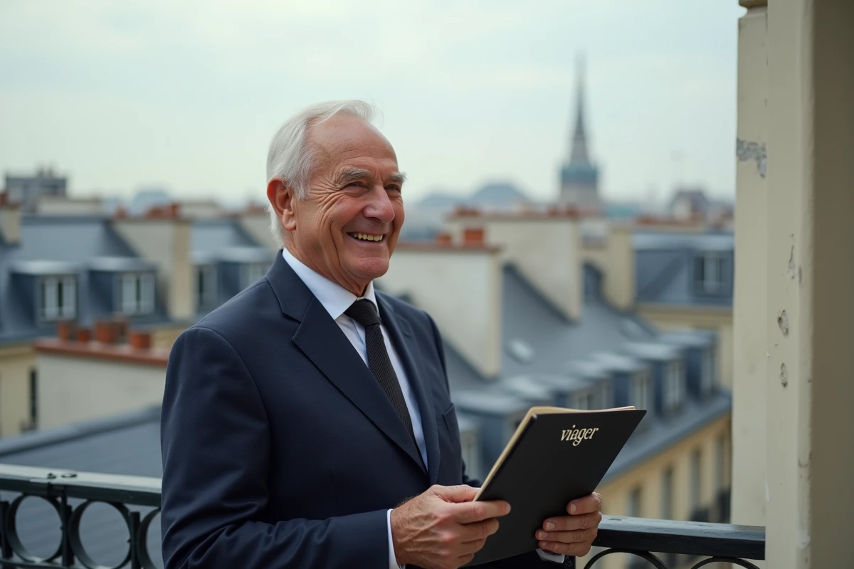 Senior homme en costume sur balcon parisien contemplant la ville