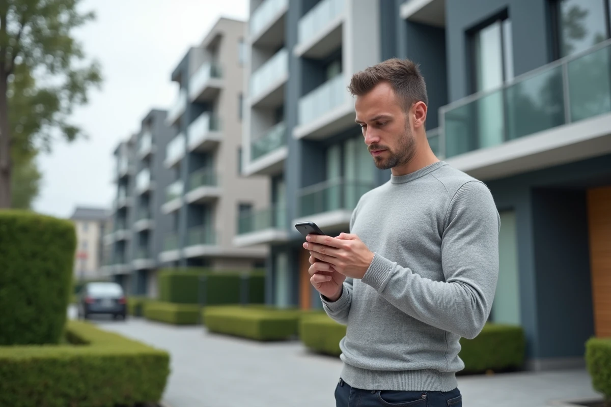 Homme consultant une application immobilière sur smartphone devant un immeuble pour négocier le prix d'un appartement