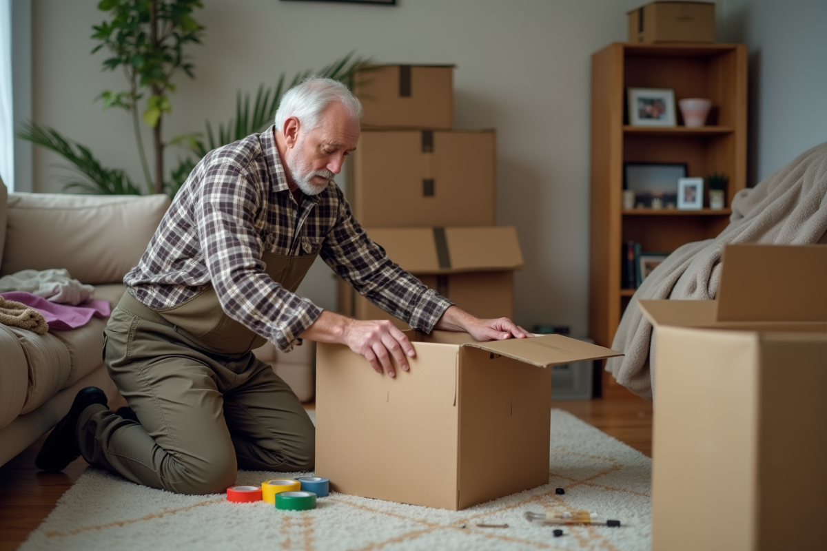 Homme âgé assemble un carton dans un salon organisé