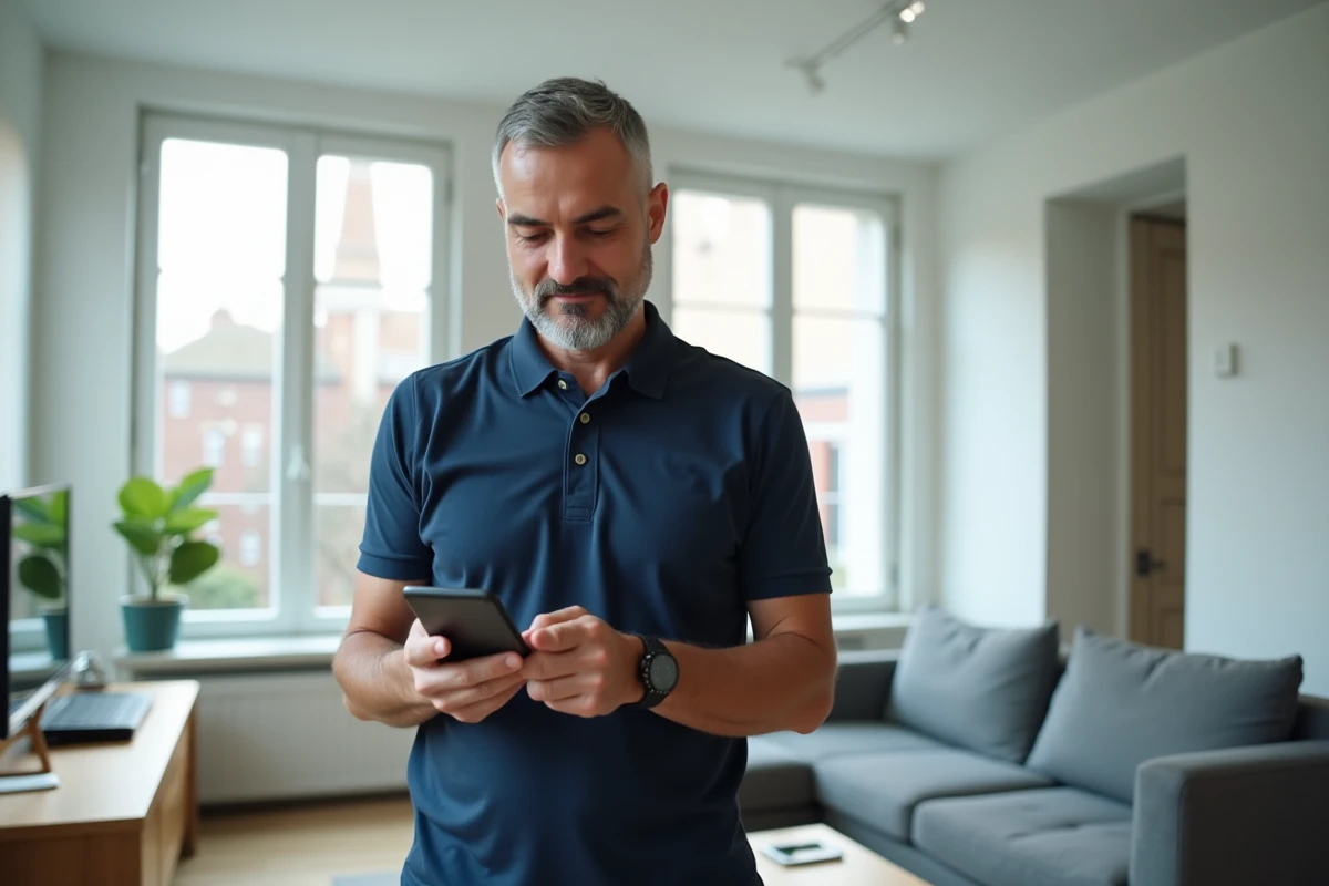 Homme lisant des avis clients sur une application de location entre particuliers dans un appartement moderne