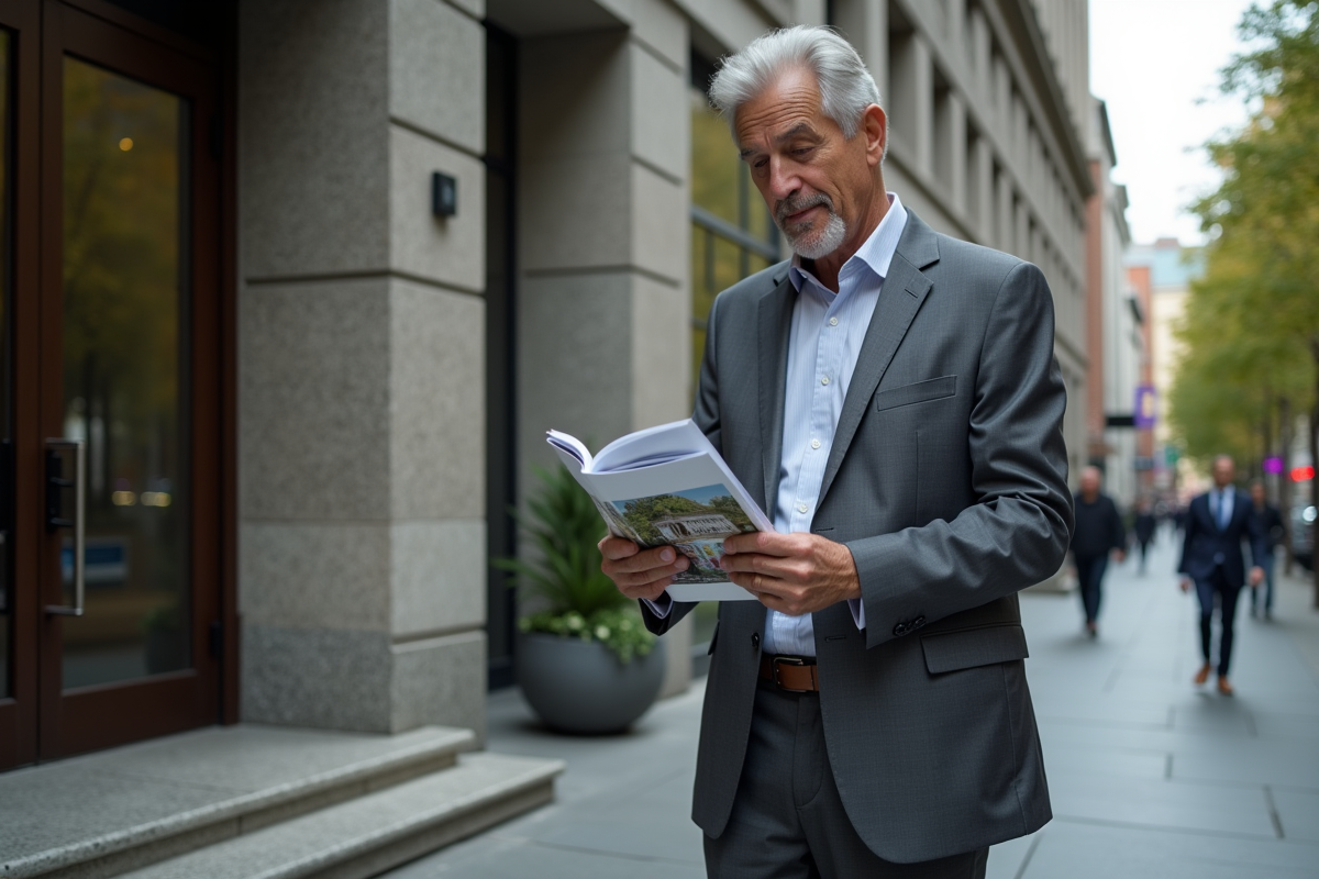 Homme en costume consulte brochures d