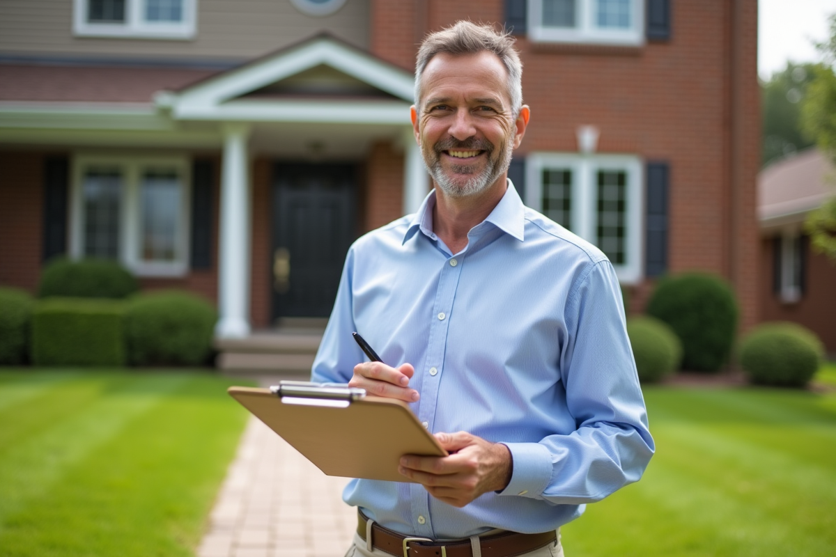 Homme souriant avec un classeur devant sa maison