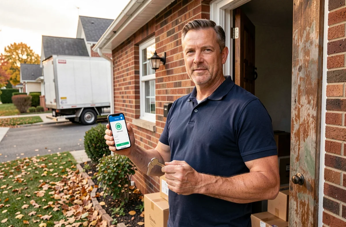 Homme tenant une clé de maison et un smartphone avec une application d'assurance devant sa nouvelle maison le jour du déménagement