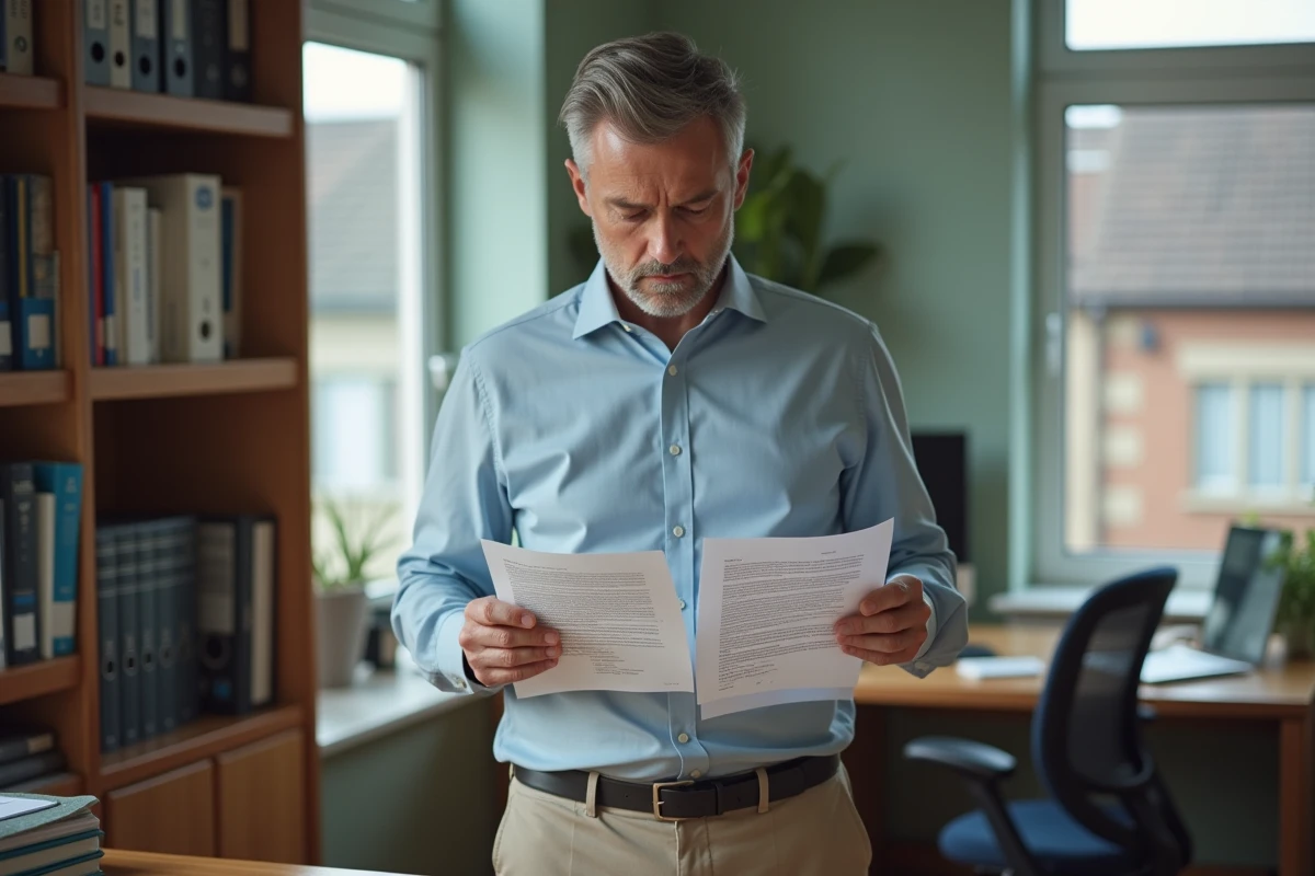 Homme en bureau compare deux avis de location avec perplexite