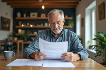 Homme d'âge moyen examine des documents d'assurance à la maison