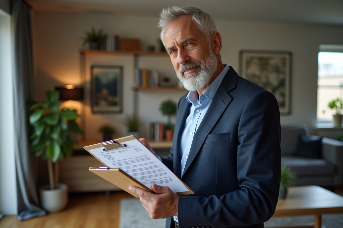 Homme d'âge moyen en blazer bleu tenant un dossier de location