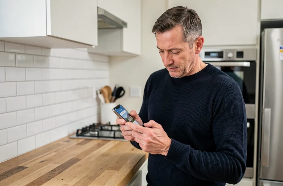 Homme vérifiant sa demande de code Action Logement sur smartphone dans une cuisine moderne