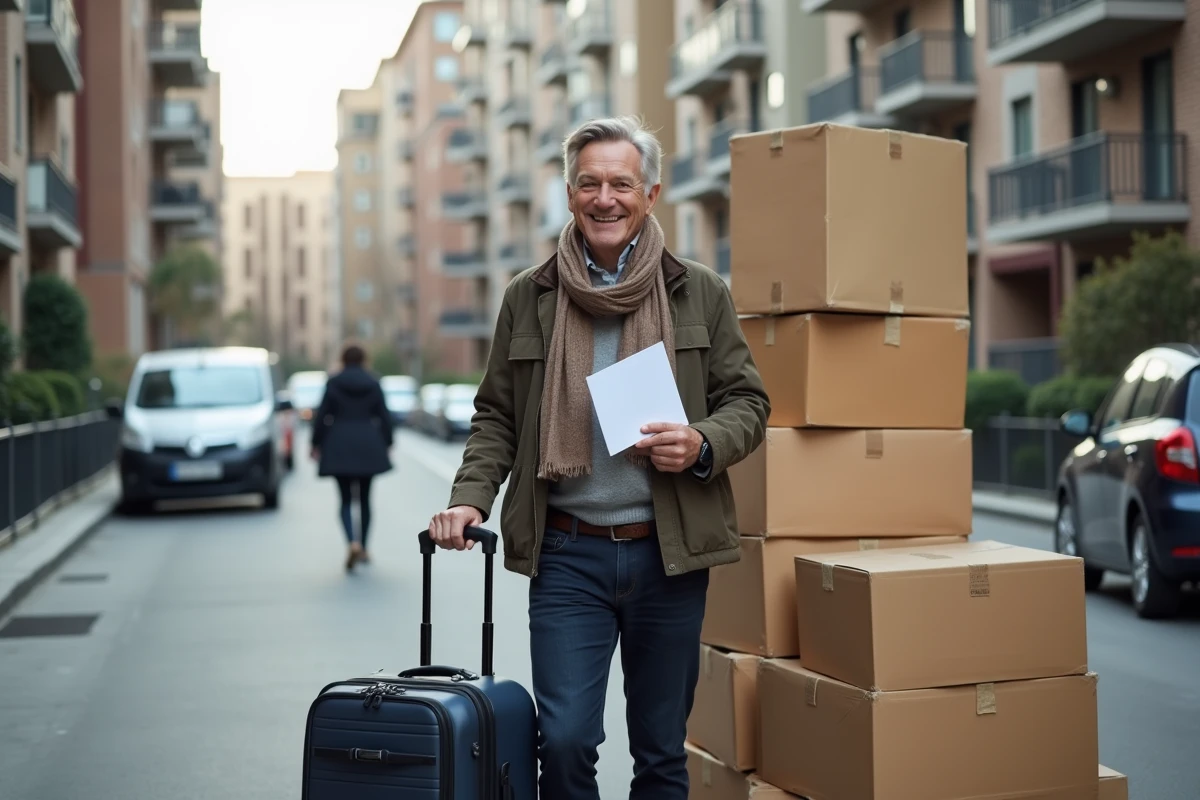 Homme souriant avec ses bagages en dehors de son appartement